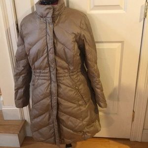 Talbots long  down winter jacket in tan size M zips and snaps closed